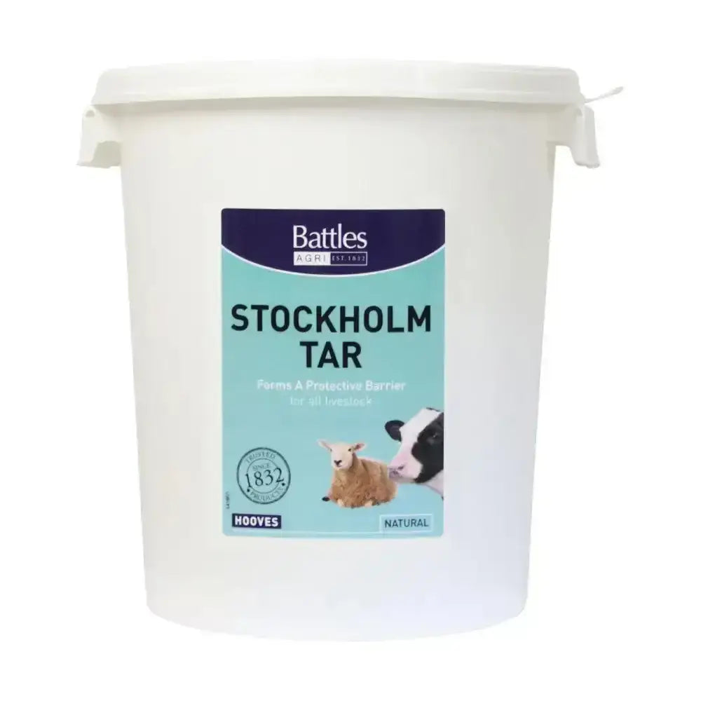 White plastic bucket of battles stockholm tar with teal navy label featuring livestock images for animal care