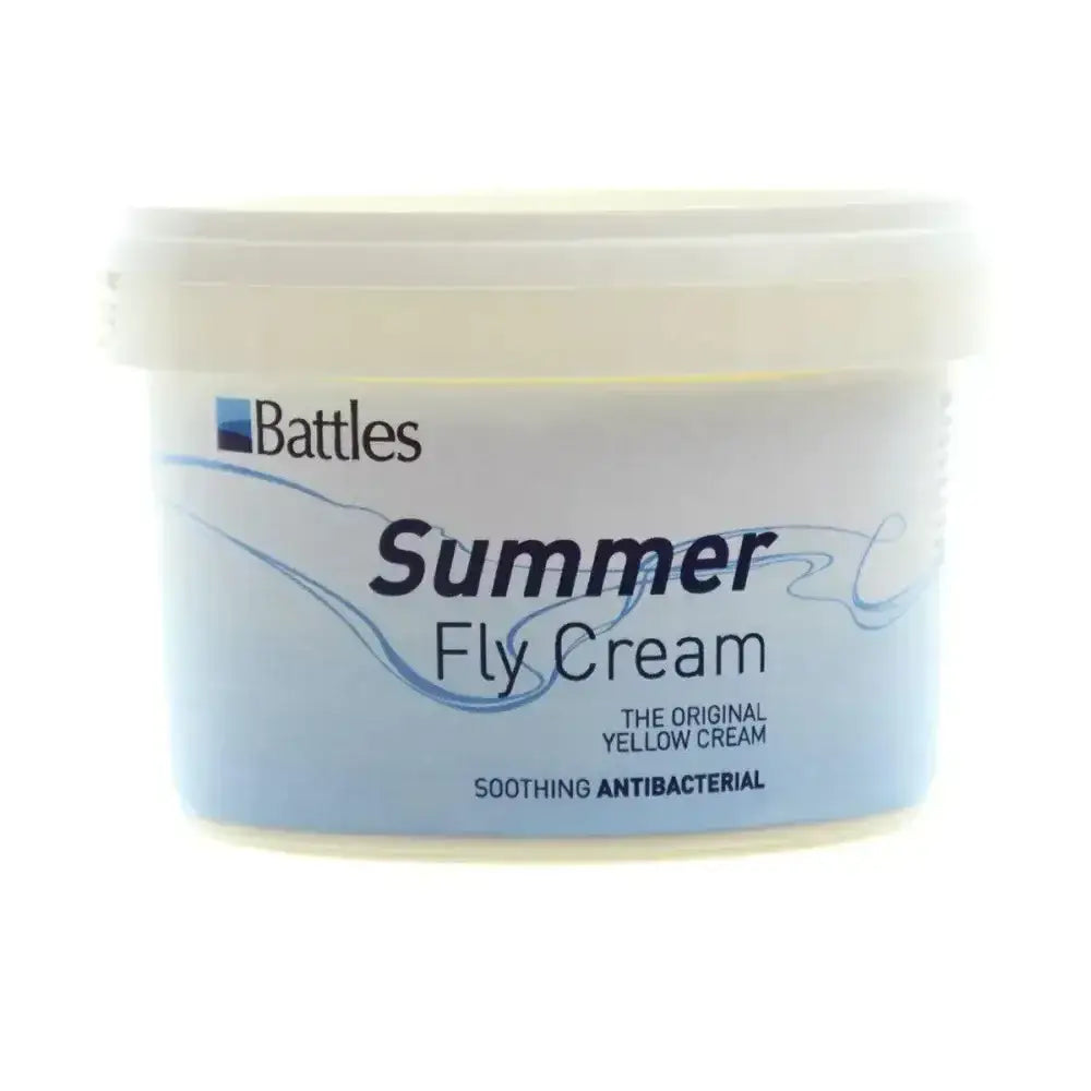 Battles summer fly cream in a white plastic tub with light blue label and black text original yellow cream formula