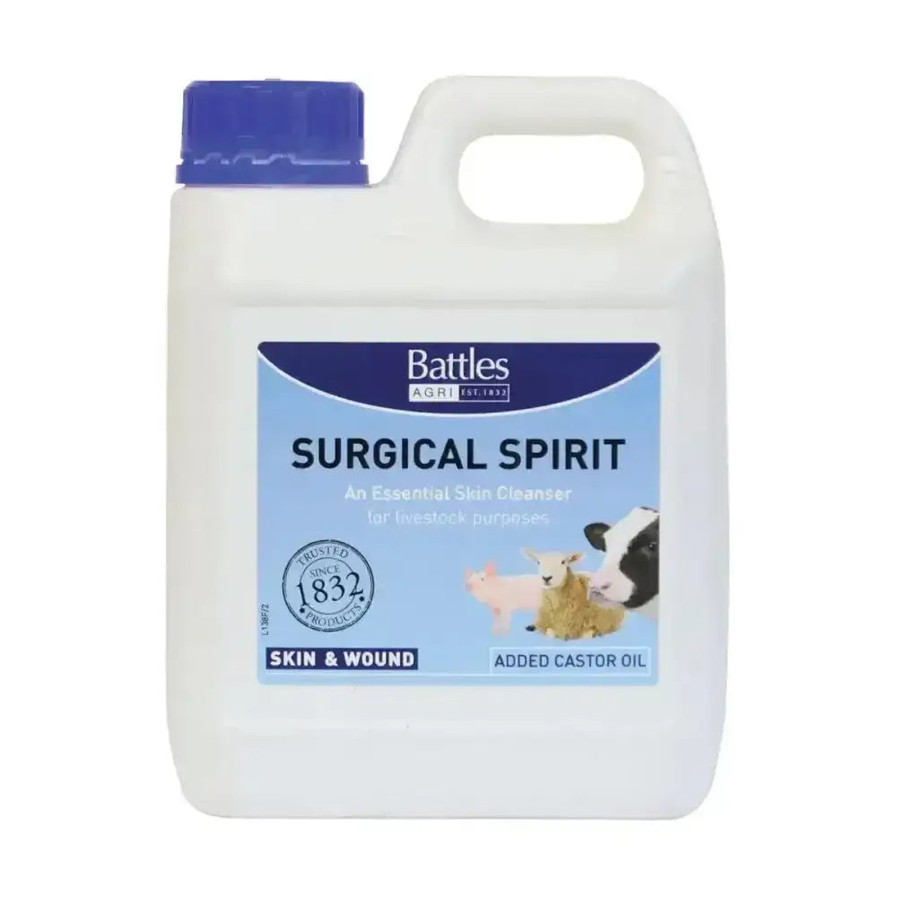 White plastic jug with blue cap and label of battles surgical spirit skin cleanser with added castor oil for horse care