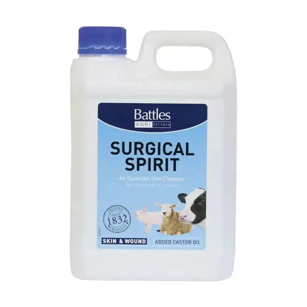 White plastic jug with blue cap and battles surgical spirit label for surgical spirit skin cleanser and horse care