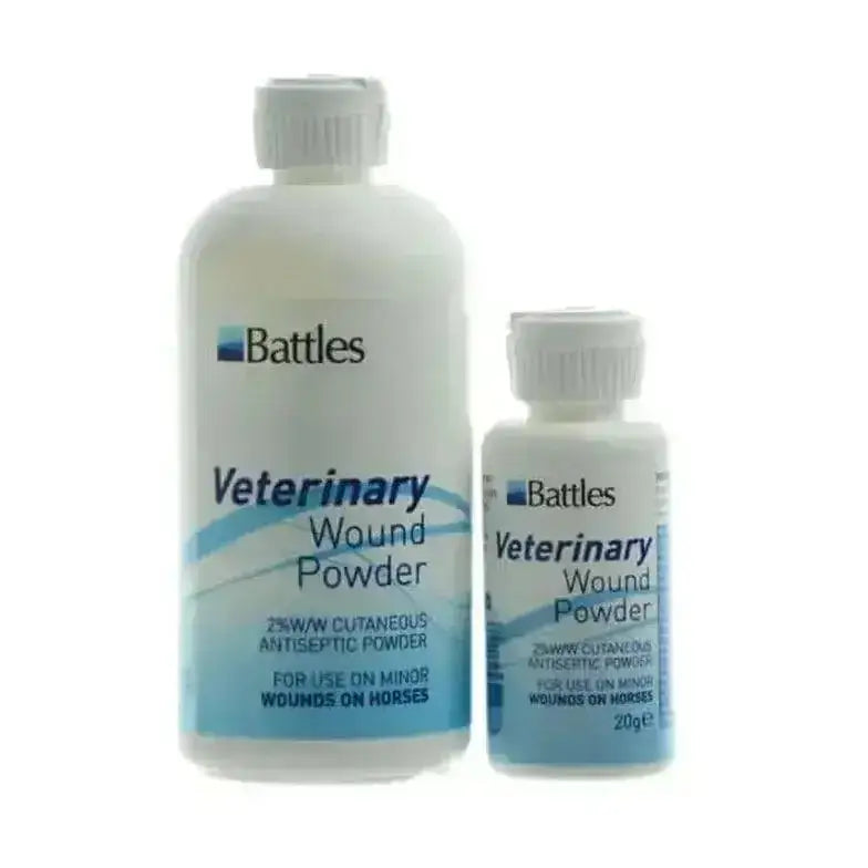 Battles veterinary wound powder in white plastic bottles with blue antibacterial powder label for minor horse wounds