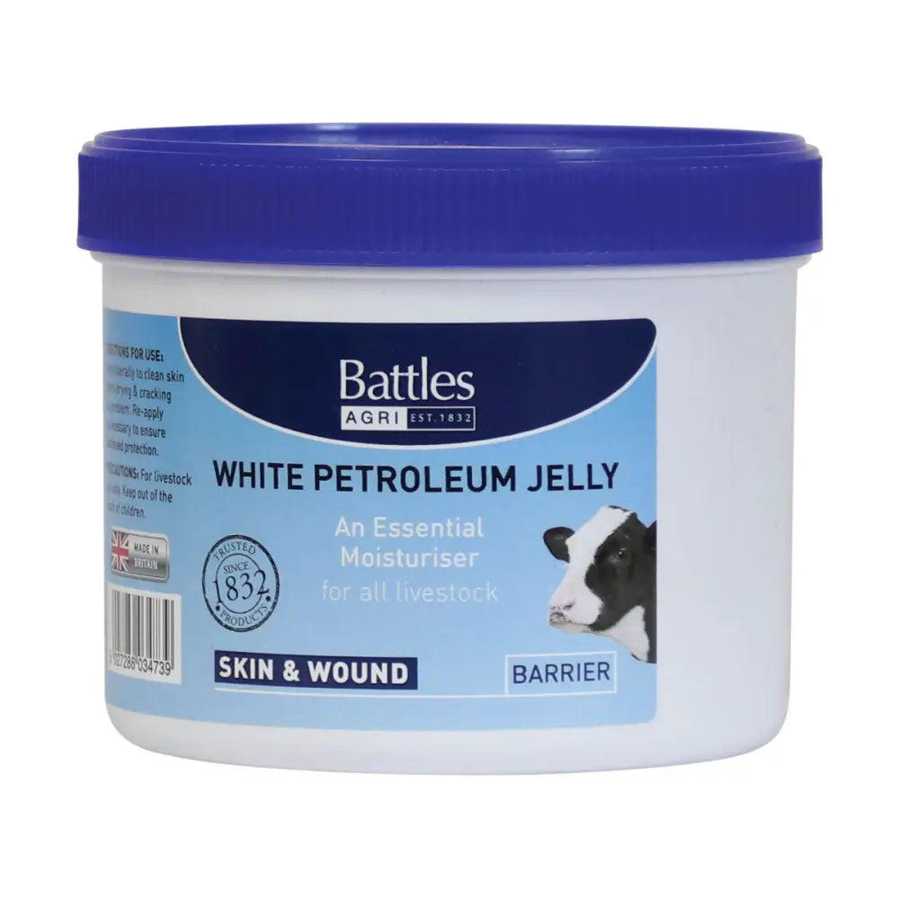 Battles white petroleum jelly in a white tub with blue lid for livestock skin and wound care essential moisturiser