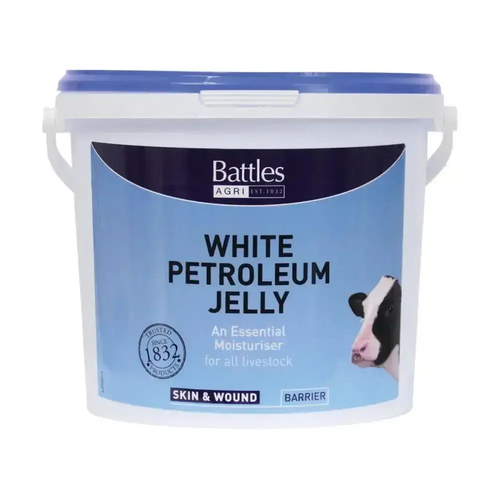 White plastic bucket with blue lid of battles white petroleum jelly essential moisturiser for livestock skin and wounds