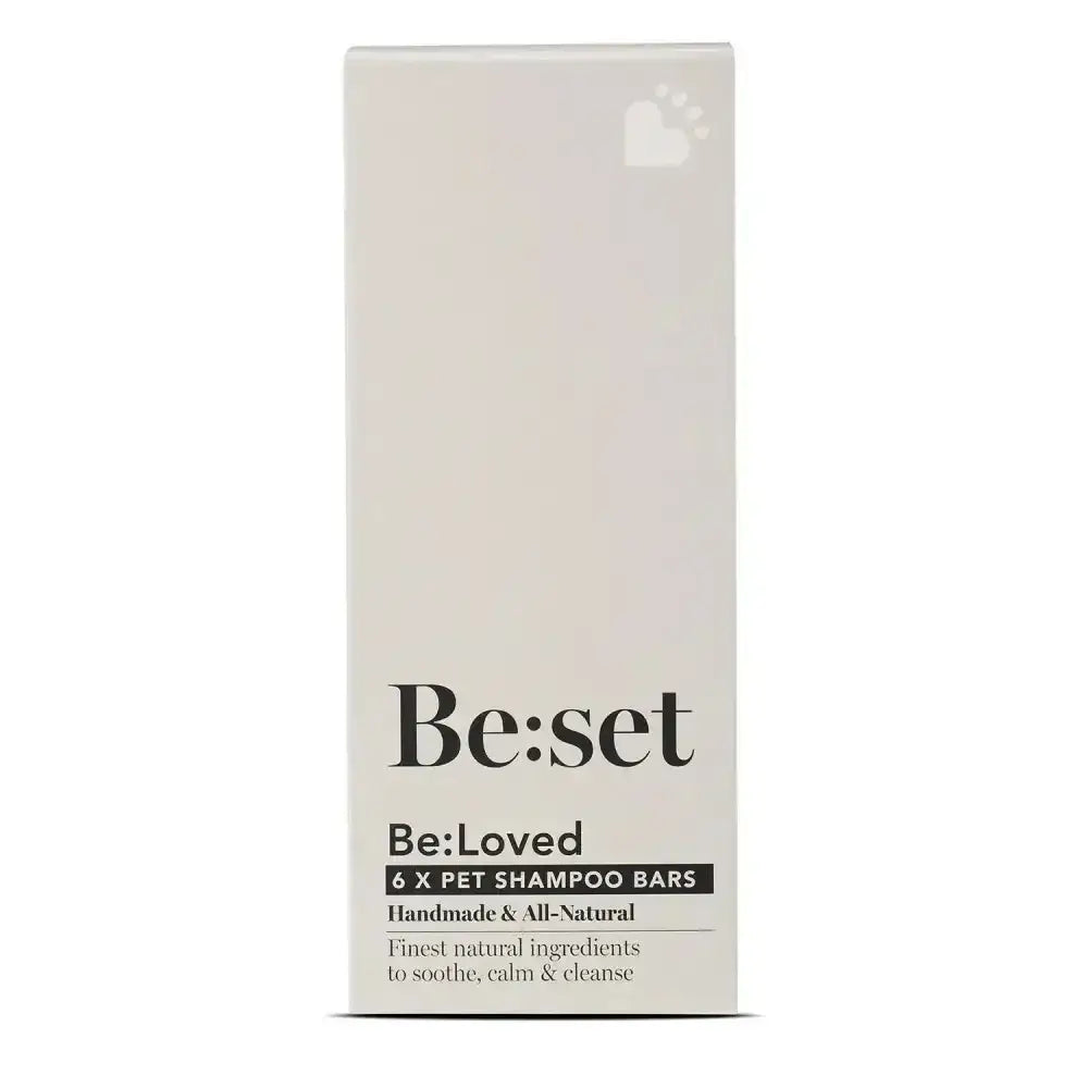 Be loved be set pet shampoo bar in minimalist white box with black text for proper pampering and cleansing purposes