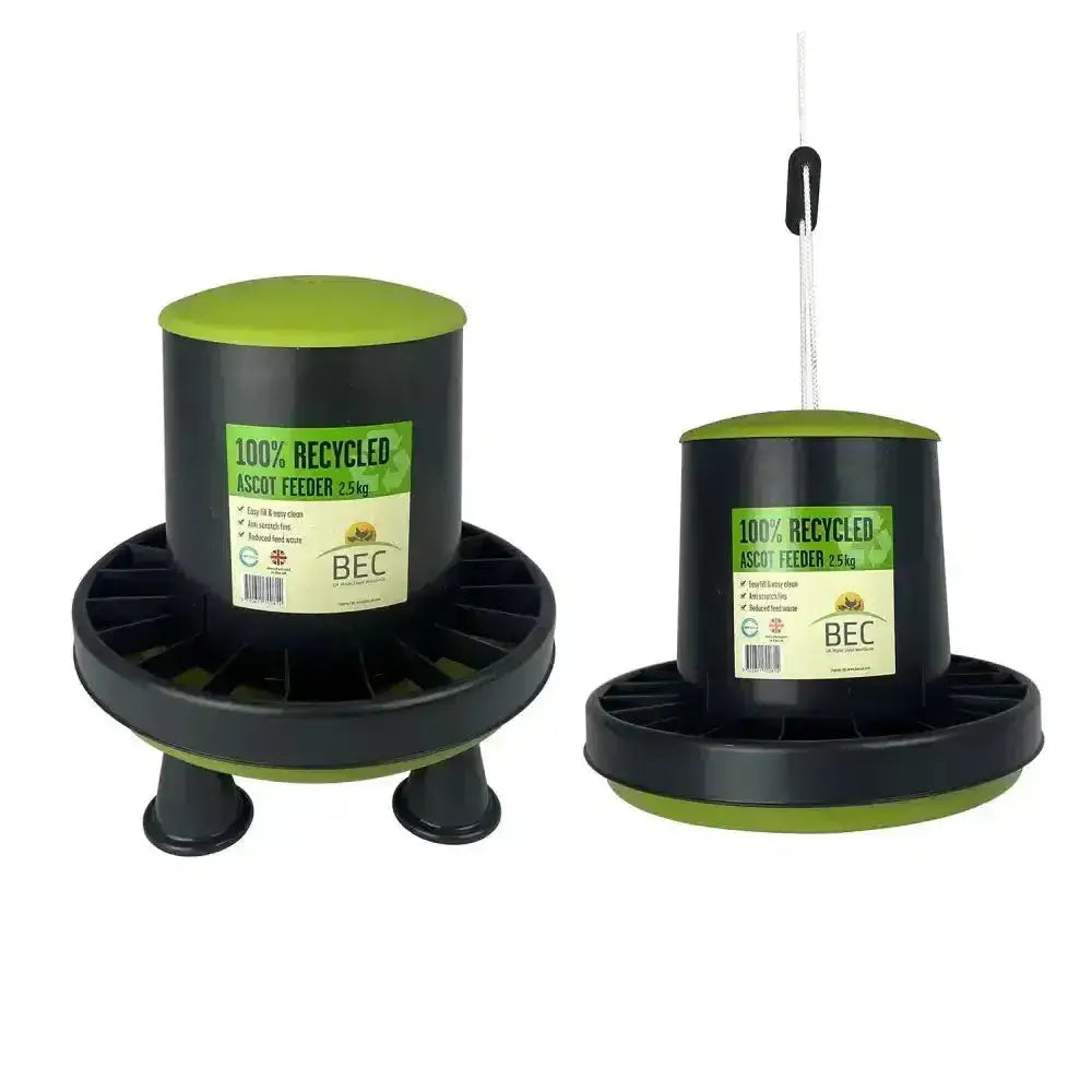 Green and black bec ascot feeder made of 100% recycled plastic with circular base and lock design allowing easy use