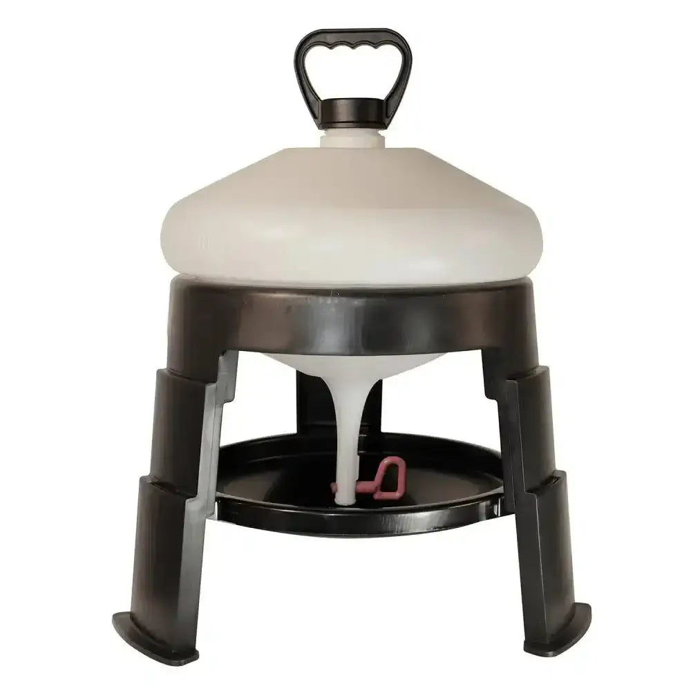 Black plastic bec tripod drinker with solid tripod base stabilised polypropylene white translucent top and pink feed dispenser