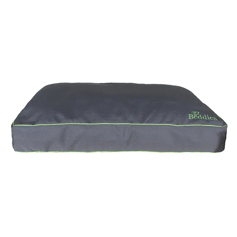 Dark gray beddies waterproof mattress dog bed with lime green stitching and embroidered logo for easy cleaning