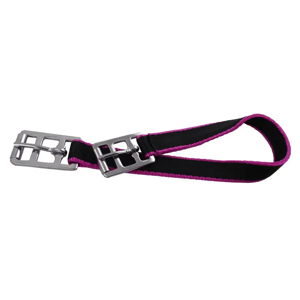 Black and magenta belly band driving harness strap with silver-toned metal girth buckles for driving harness parts