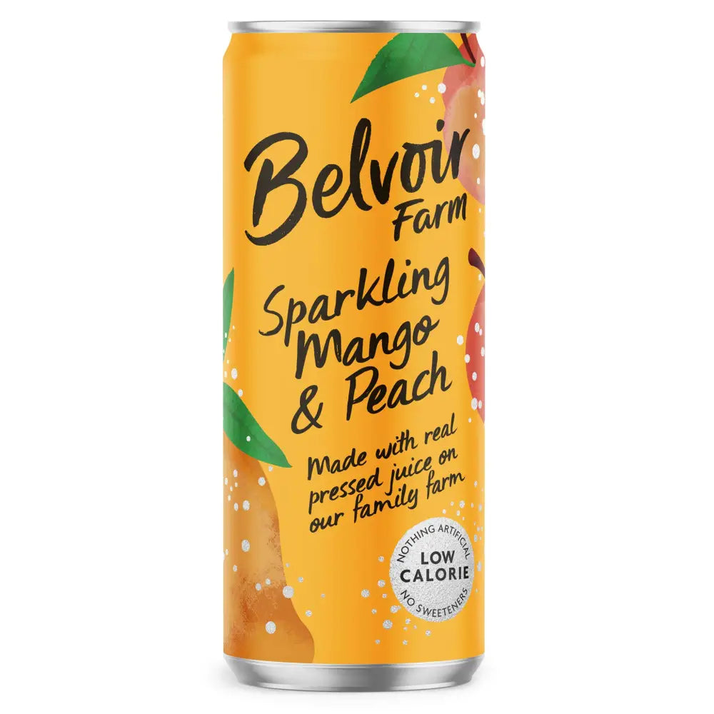 Belvoir farm canned sparkling mango and peach drink in a vibrant orange can with fruit illustrations and black script text
