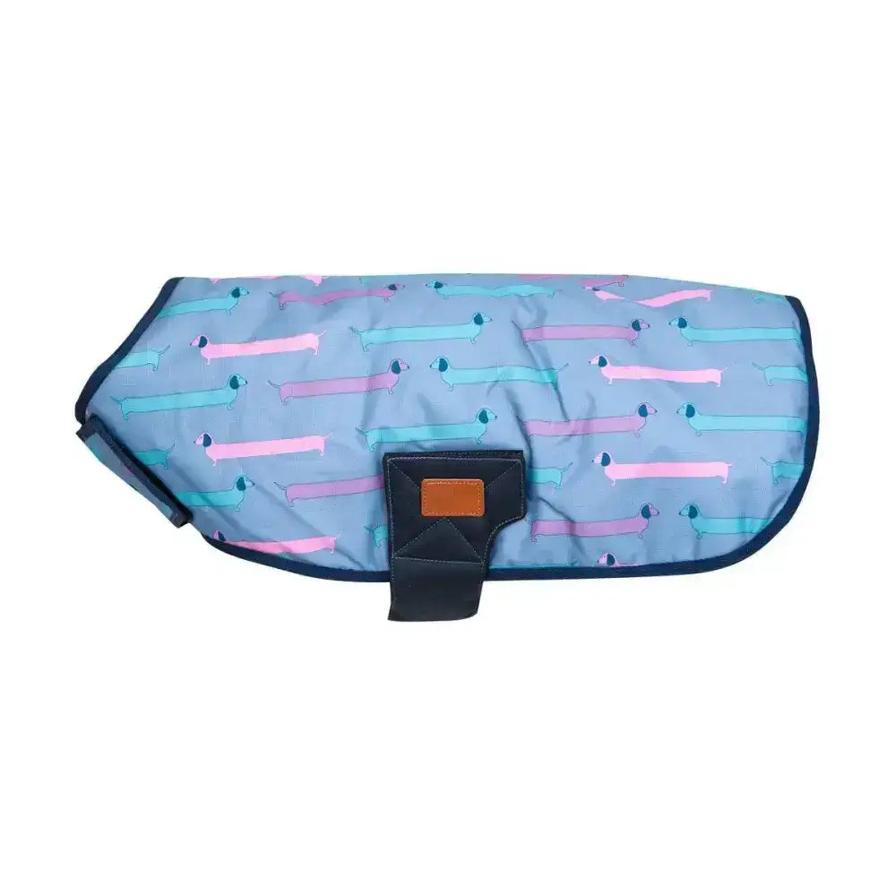 Light blue benji & flo dorris dachshund dog coat with pink teal patterns navy trim and breathable waterproof denier rip material
