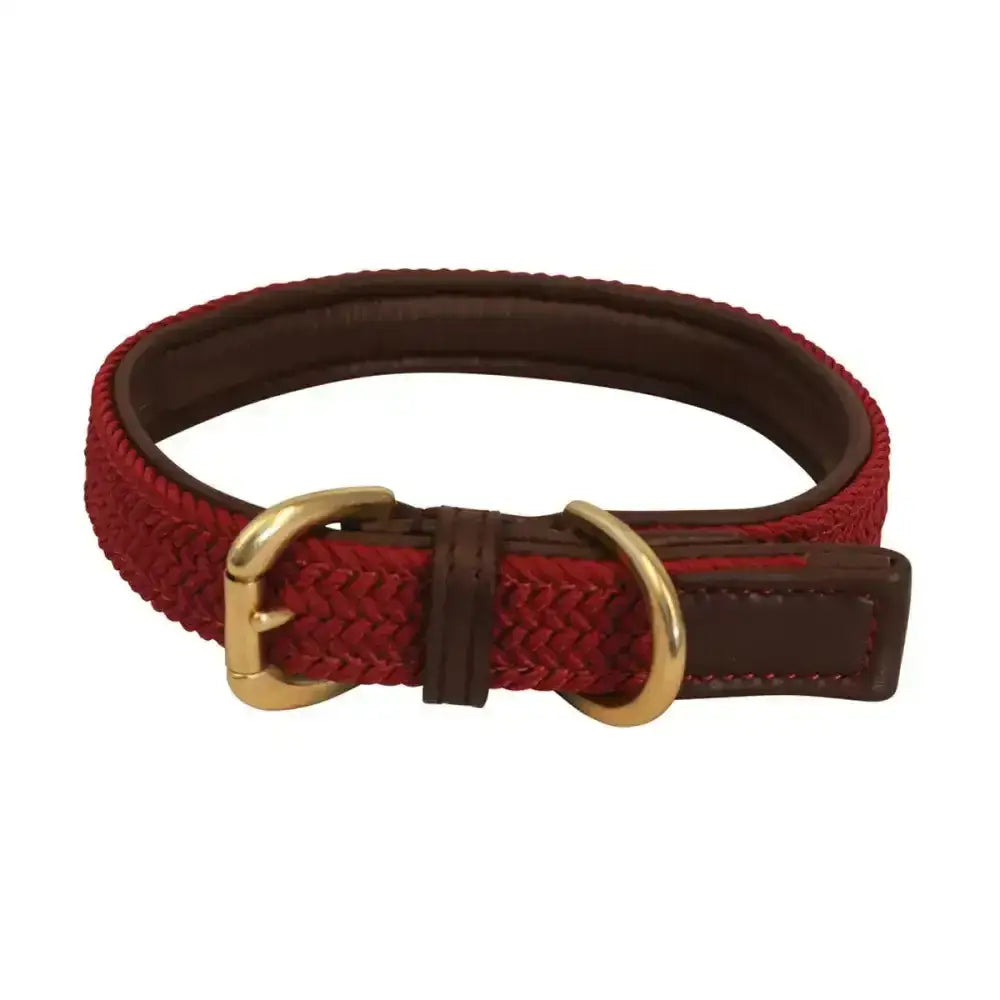 Red braided flo interlaced dog collar with brown leather lining and gold-tone buckle by benji & flo