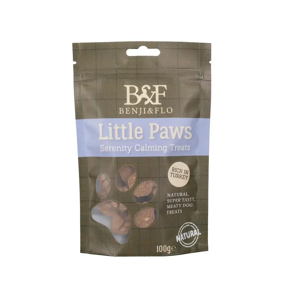 Benji and flo little paws serenity calming treats in brown and blue packaging for paws serene calm use