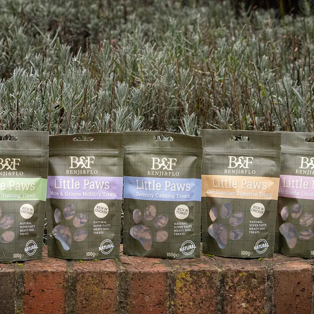 Five olive green benji and flo little paws serenity calming treats pouches with colored bands showing paw shaped snacks