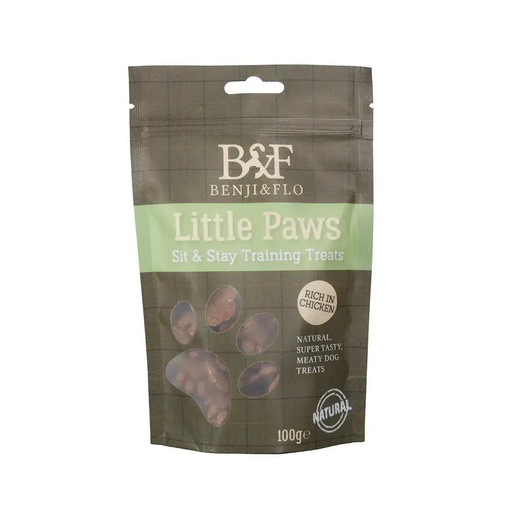 Benji & flo little paws stay training treats in a green pouch with paw-shaped training treats for dogs