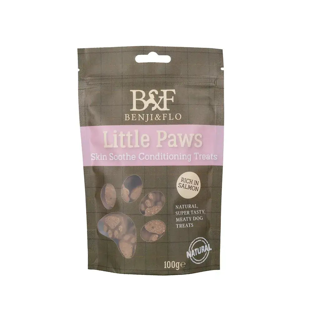 Benji & flo little paws skin soothe conditioning treats in pink and brown pouch with salmon dog treats for paws skin soothe