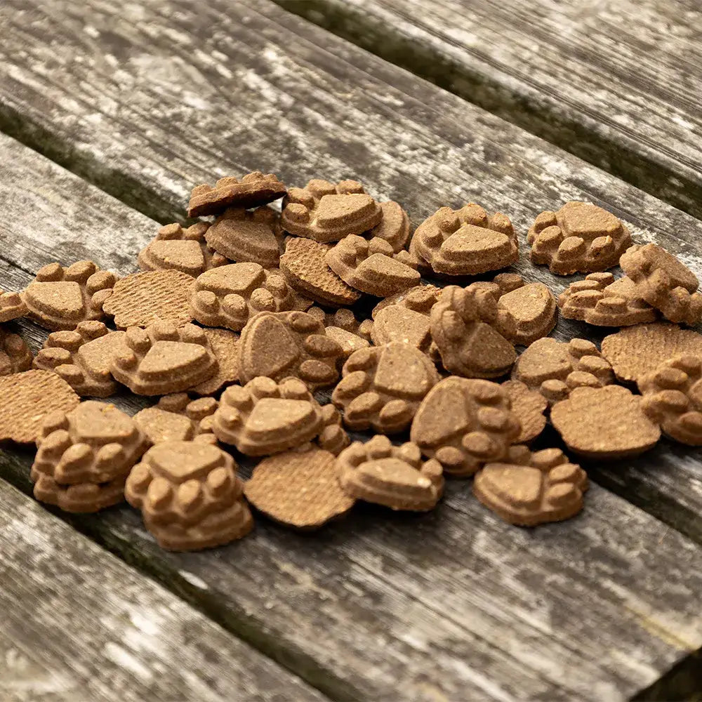 Brown paw-print shaped benji & flo little paws skin soothe conditioning treats scattered on weathered wood surface