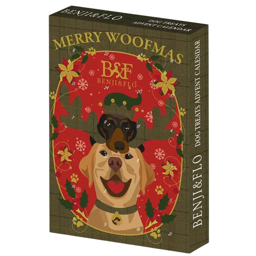 Benji and flo merry woofmas christmas advent calendar with festive red green design and dogs wearing reindeer antlers