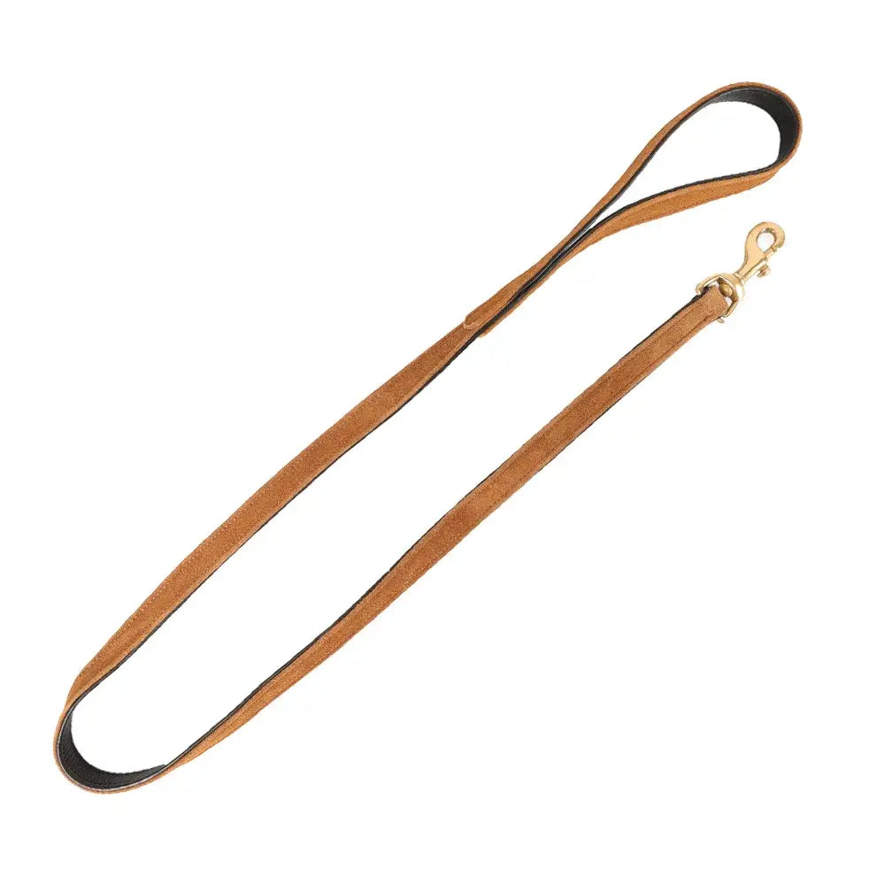 Tan noble suede dog lead with gold-toned metal clasp from benji and flo noble suede dog collection
