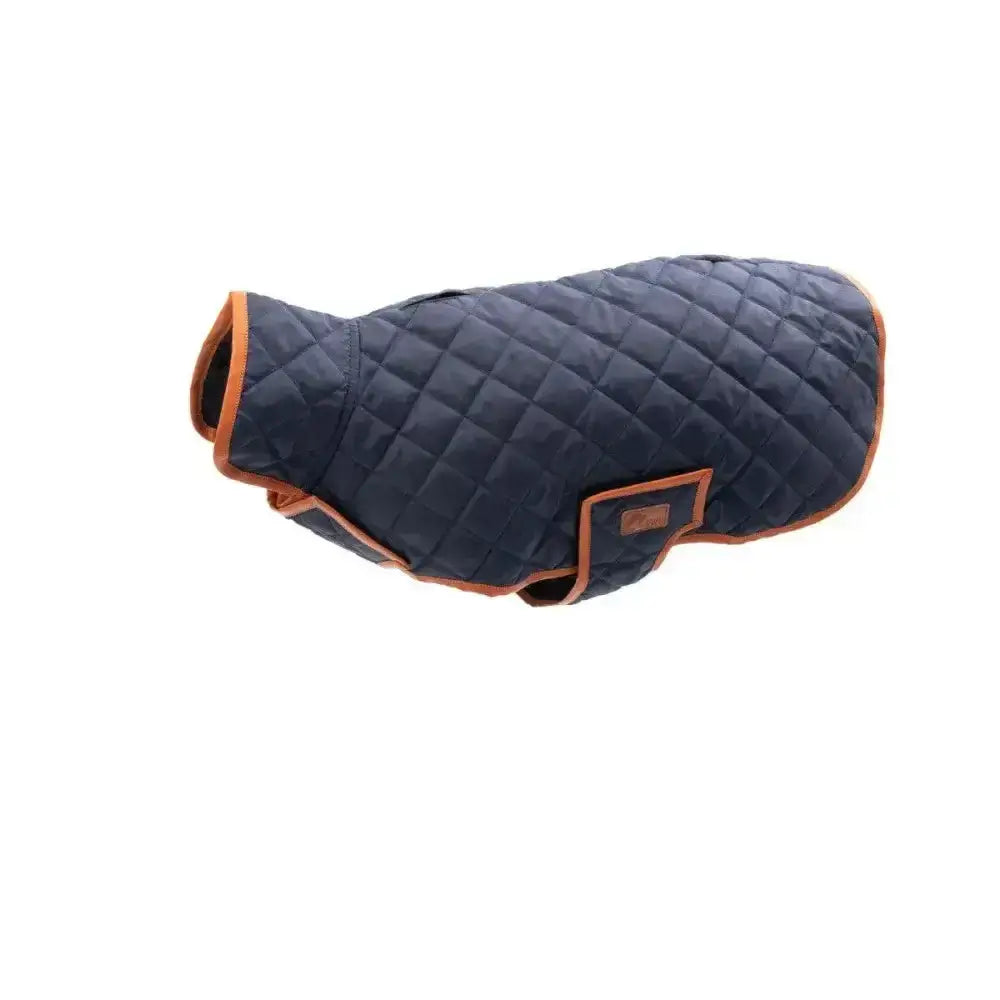 Navy blue benji & flo quilted dog coat with orange trim and diamond quilted pattern featuring a brown leather patch