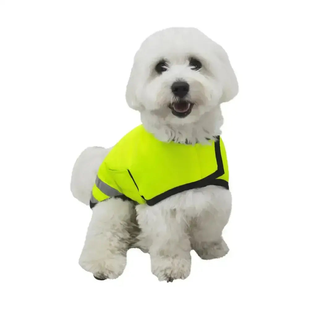 Bright neon yellow reflector waterproof dog coat with black trim and gray stripes by benji & flo for safety