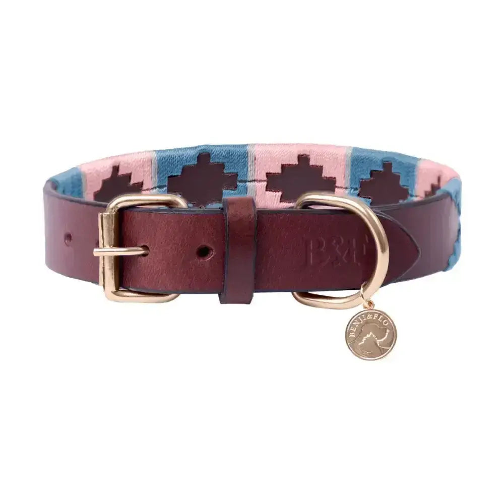 A maroon sublime polo leather dog collar by benji & flo with pink and blue geometric pattern and gold hardware