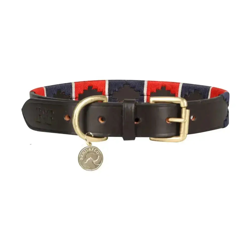 Black leather dog collar with red white navy woven band and gold buckle from benji & flo sublime polo collection