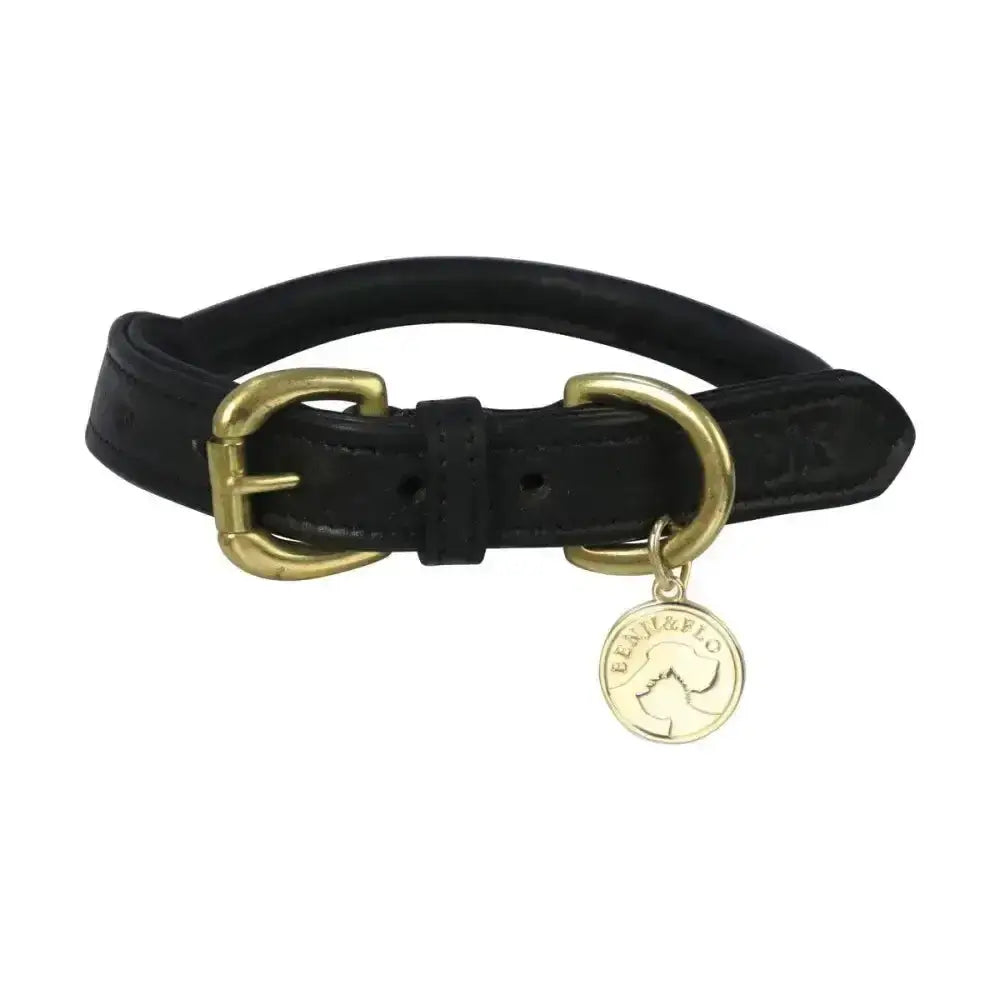 Black leather benji & flo superior rolled dog collar with brass buckle and gold-tone charm featuring brand name