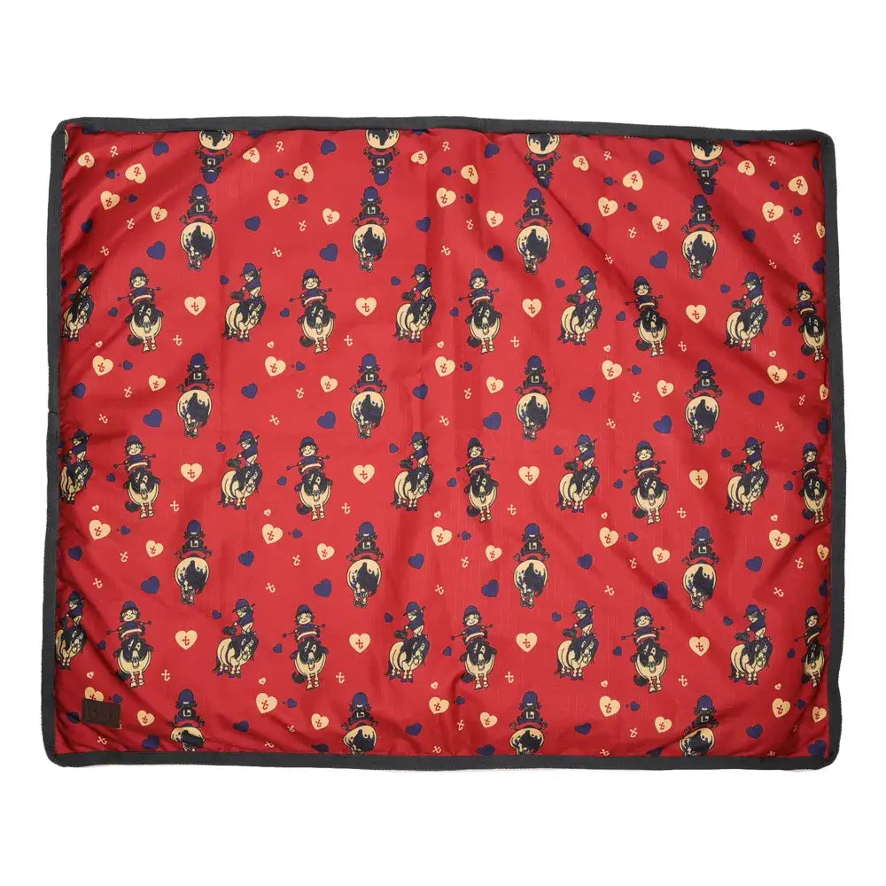 Red picnic blanket from the benji and flo thelwell collection with cartoon horses and hearts for balancing act dog use