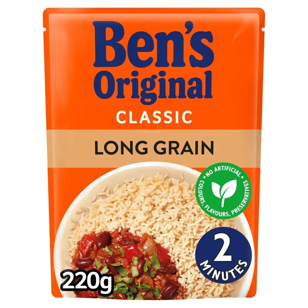 Ben’s long grain rice 220g in a vibrant orange pouch with cooked rice beans and vegetables on the front