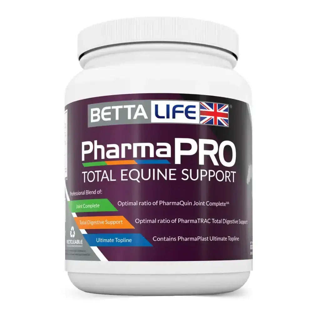 Betta life pharmapro equine support supplement jar with white plastic body and dark purple pharmapro equine support label