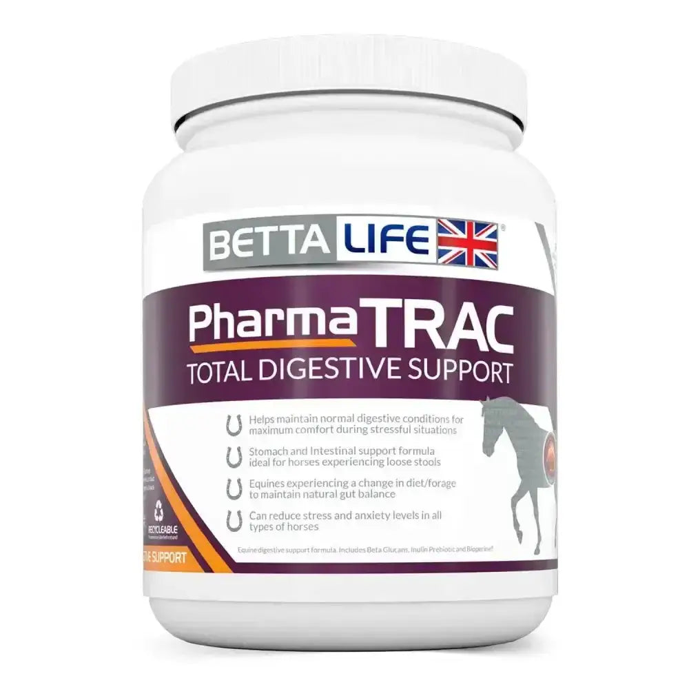 BettaLife pharmatrac total digestive support supplement in a white jar with purple orange label and horse silhouette