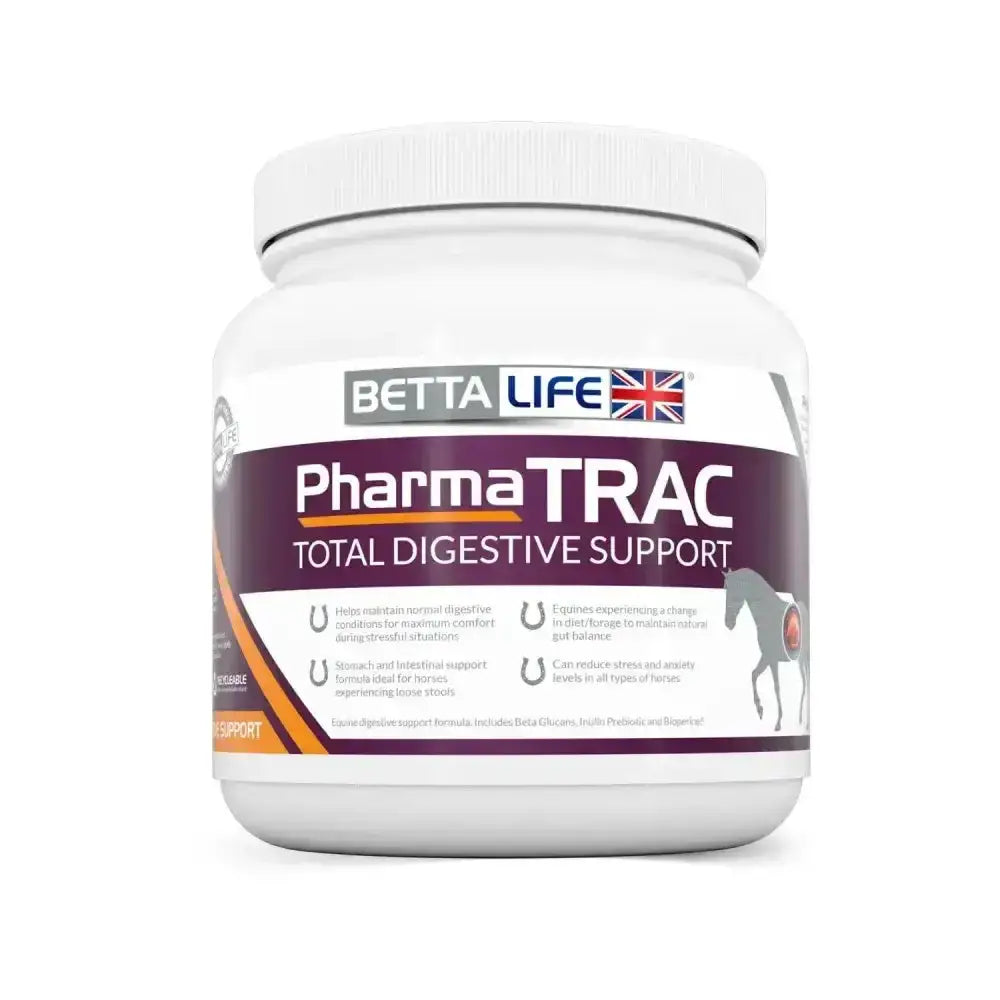 White plastic container with white lid labeled bettalife pharmatrac total digestive support for total digestive tract support