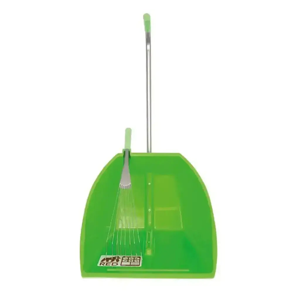 Bright green big tidee speed skip dustpan with matching handle and weather-resistant short metal rake attached