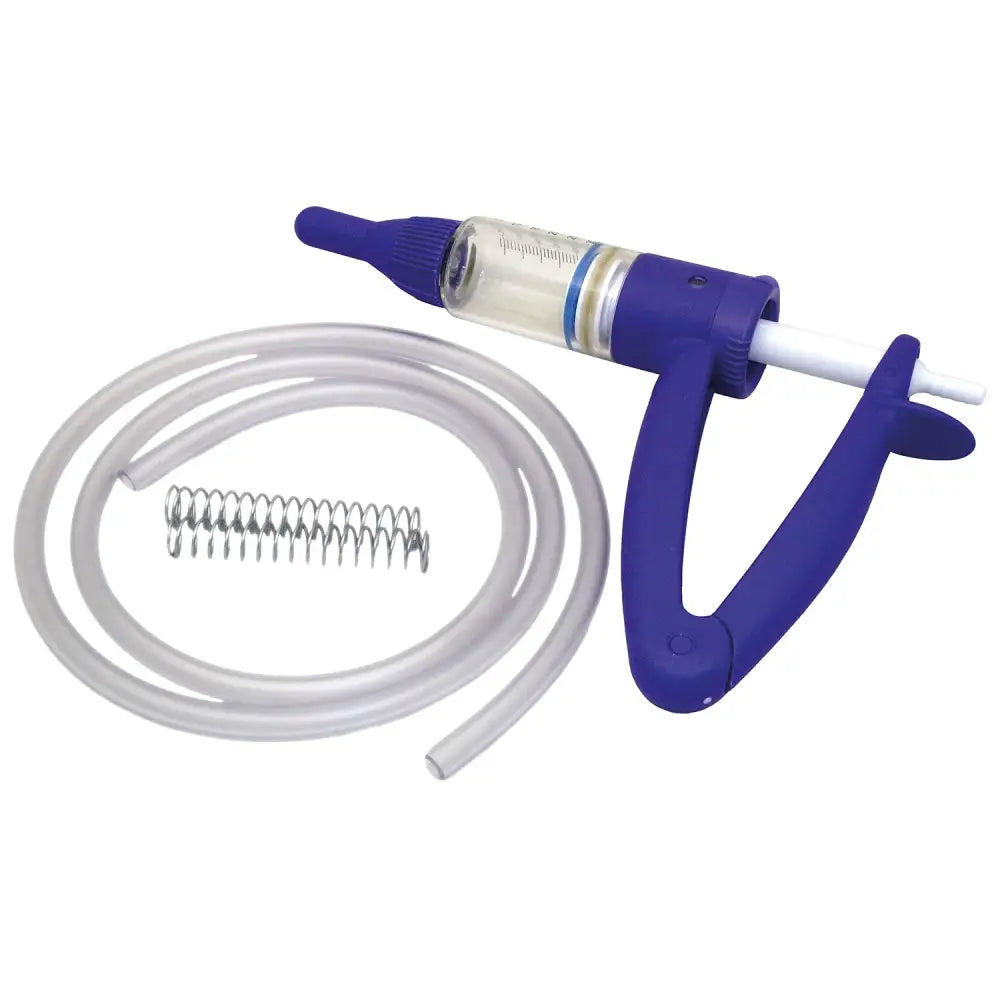 Blue plastic bimeda bimectin pour-on gun with clear barrel, white plunger, coiled tube, and metal spring for vet use