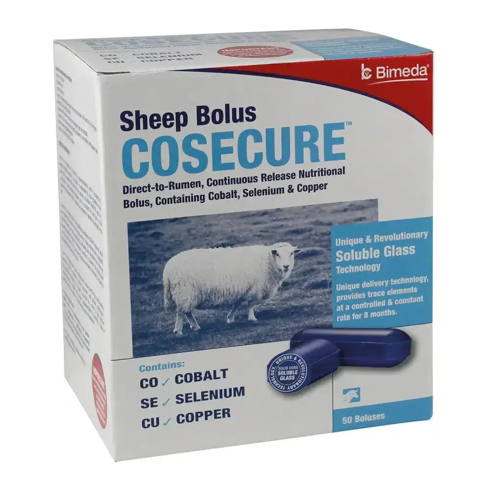 Bimeda cosecure sheep bolus in white and blue box with sheep image and two dark blue boluses for selenium deficiencies