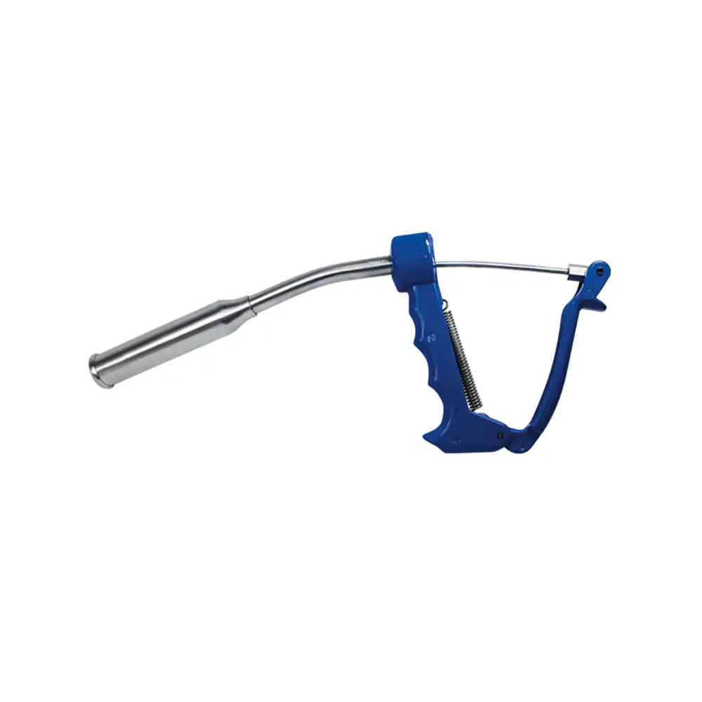 Blue plastic and stainless steel calf bolus applicator with curved handle and spring mechanism by bimeda coseicure calf
