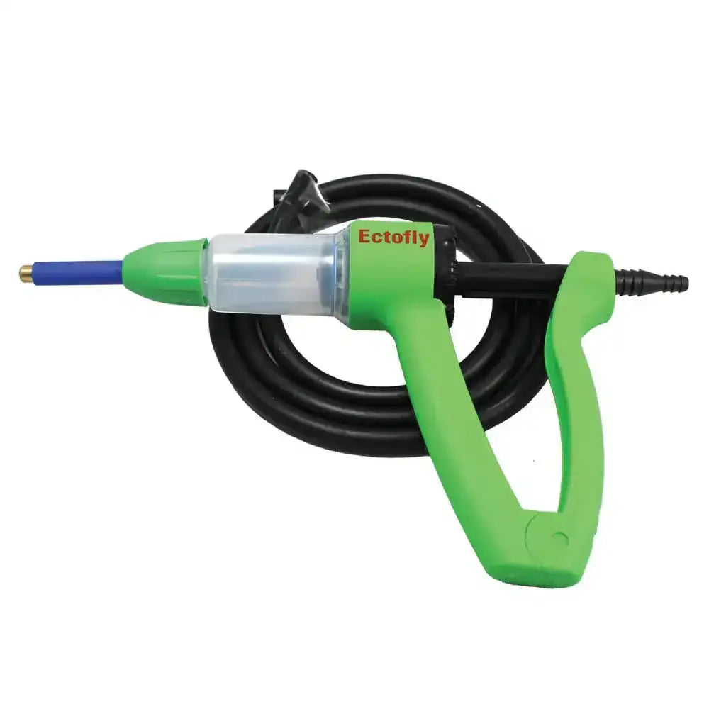 Green ectofly brand hand pump with clear plastic reservoir black coiled hose and blue nozzle bimeda ectofly applicator