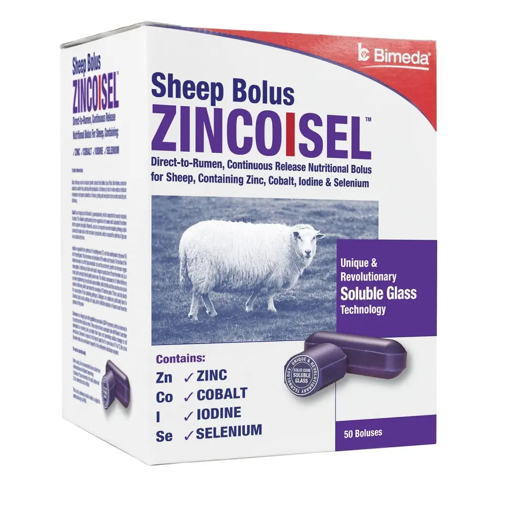 Bimeda zincoisel sheep bolus white and purple box with 50 soluble glass boluses containing zinc cobalt iodine selenium