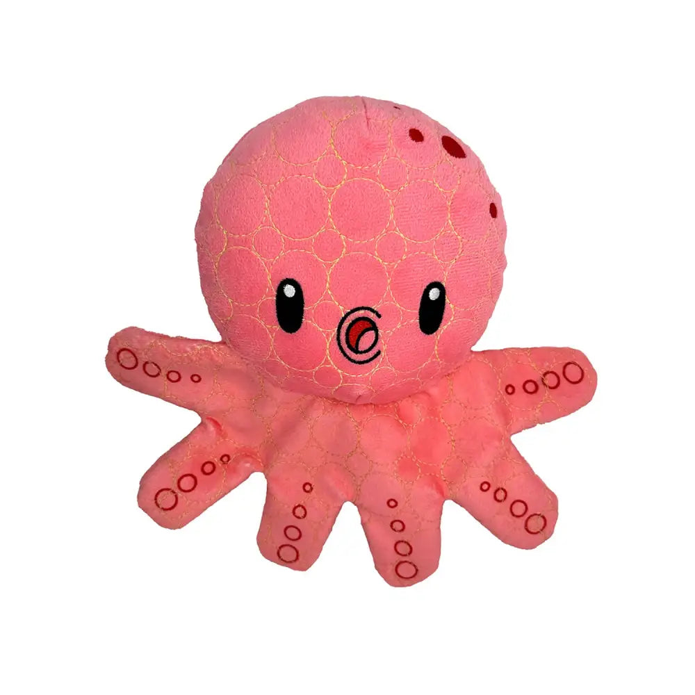 A soft pink bite force tough plush octopus with bubble texture and embroidered eyes and mouth