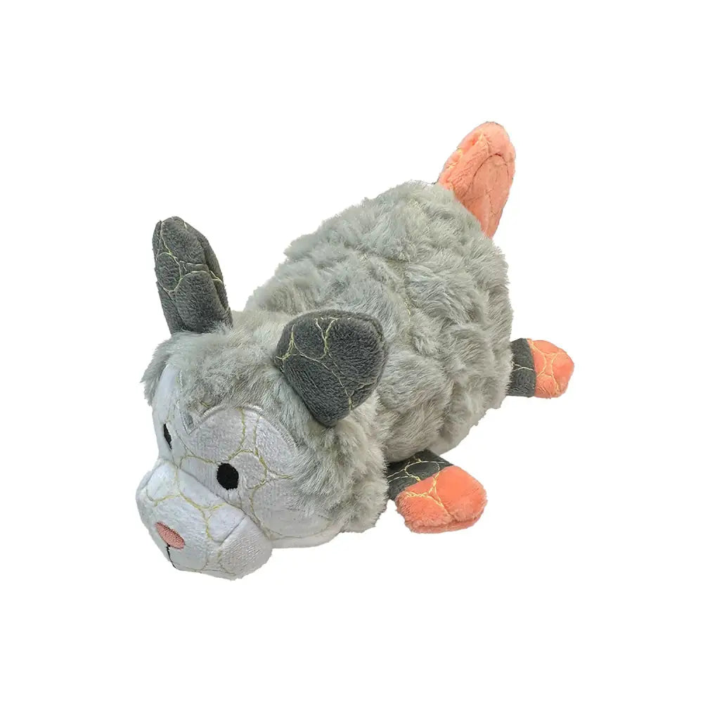 Gray and orange tough plush opossum with cracked textured fabric from the bite force tough plush collection