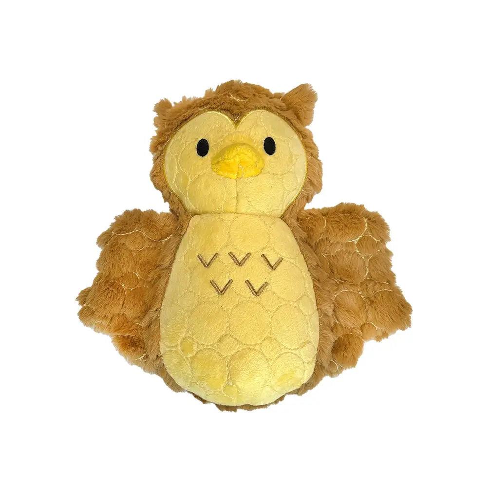 A plush owl toy in tan and yellow with soft fuzzy texture and embroidered details from bite force tough plush line