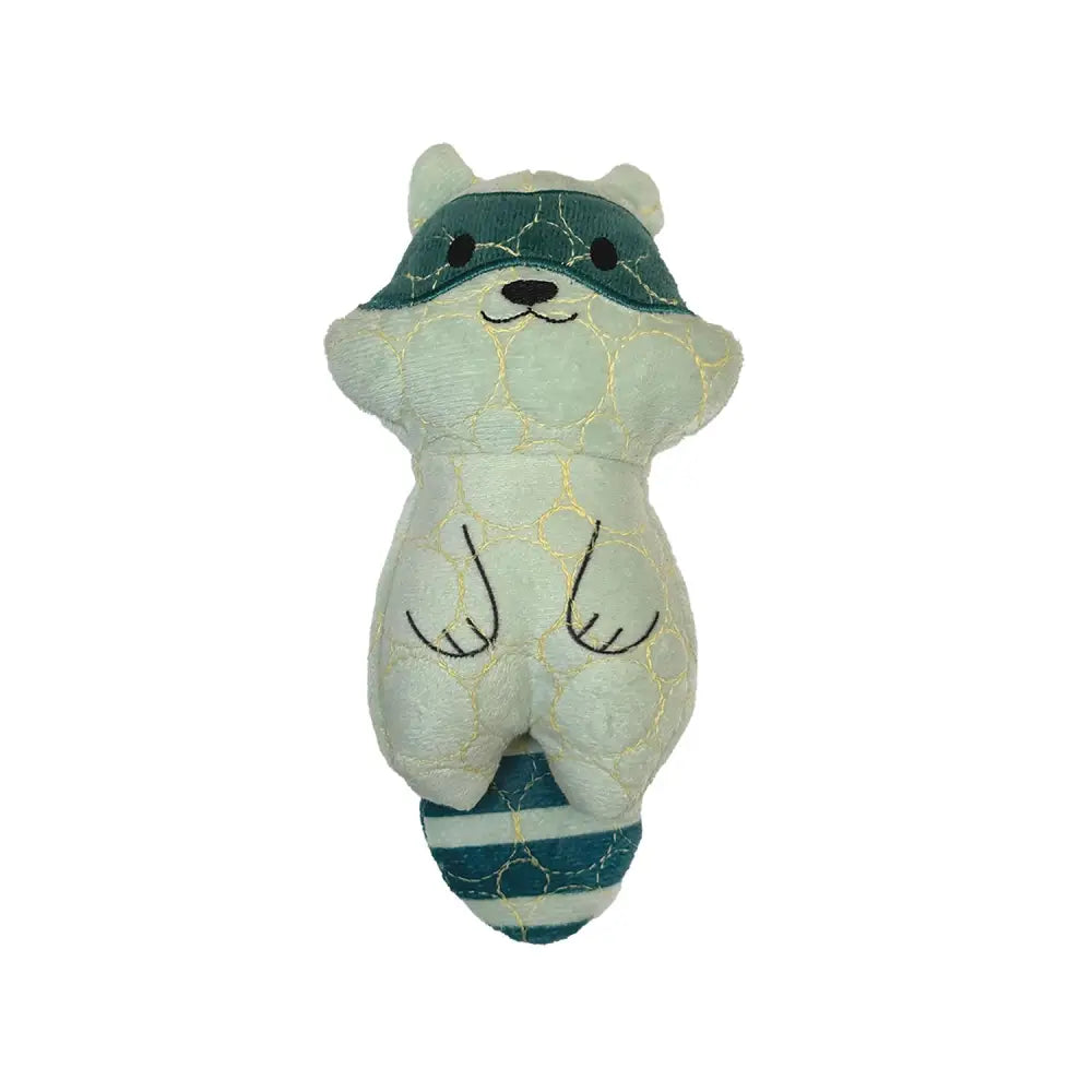 A soft light green bite force tough plush raccoon dog toy with teal mask and striped tail for strong chewers
