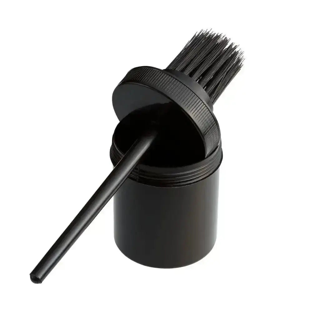 Black plastic hoof oil brush and bitz hoof oil holder with matching bristle brush and threaded lid