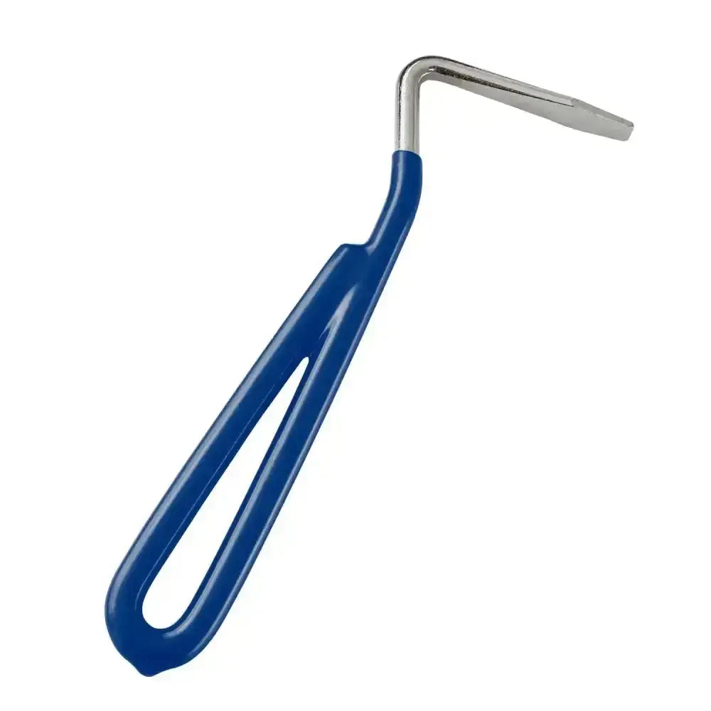 Blue bitz hoof pick with metal flat-ended tip and vinyl coated handle for easy hoof cleaning