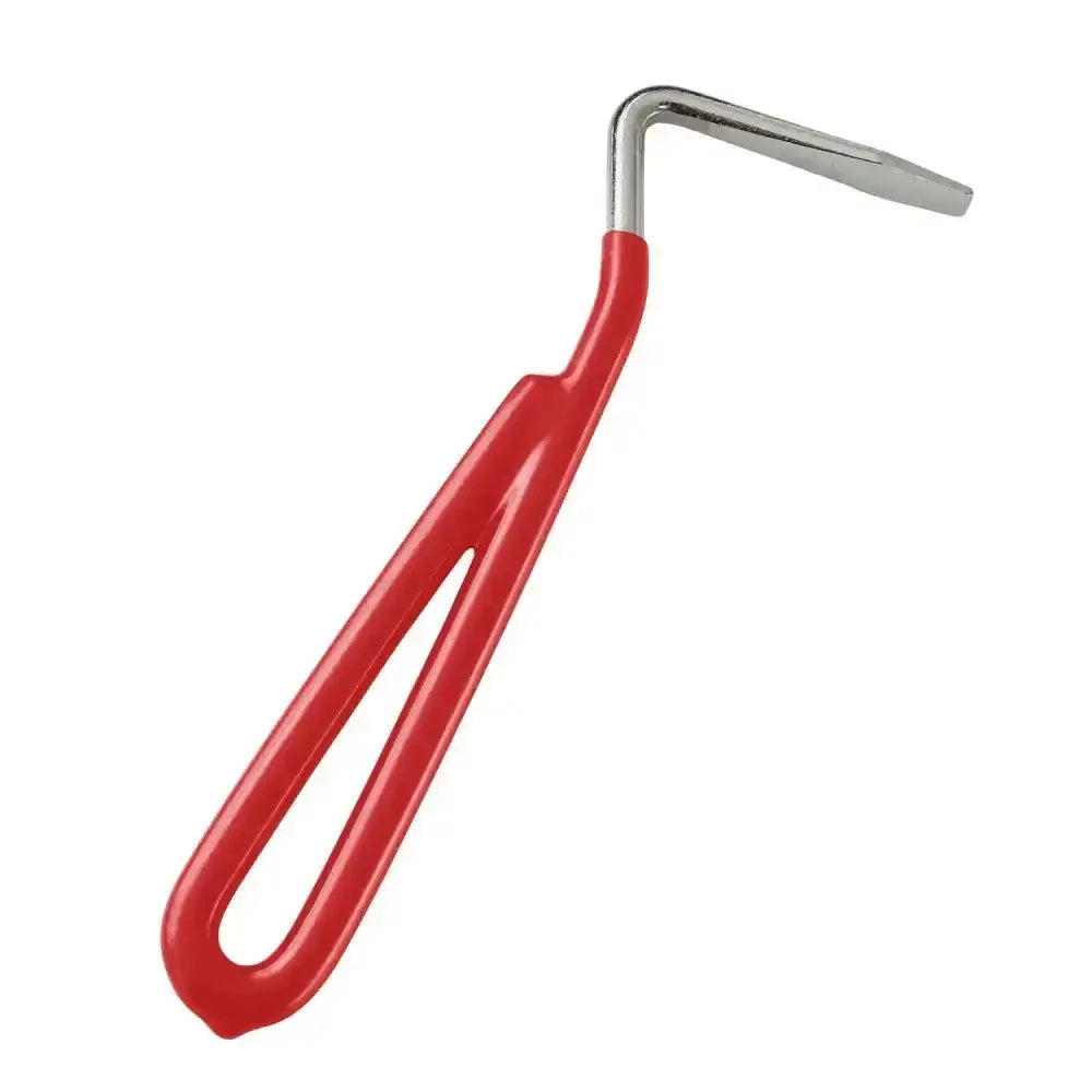 Bitz hoof pick metal with red vinyl coated handle and silver l-shaped metal head for easy hoof cleaning