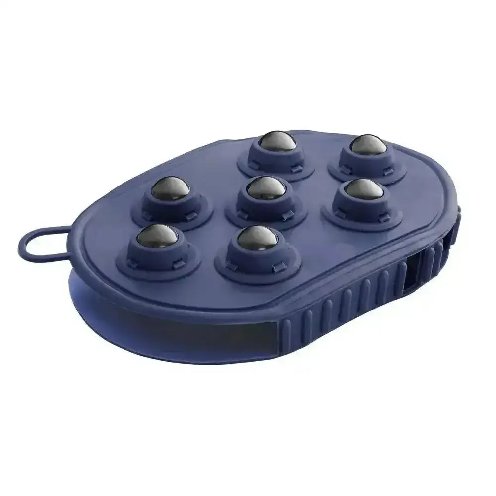 Dark blue bitz massage grooming mitt with six magnetic roller balls in a molded plastic base for easy massage