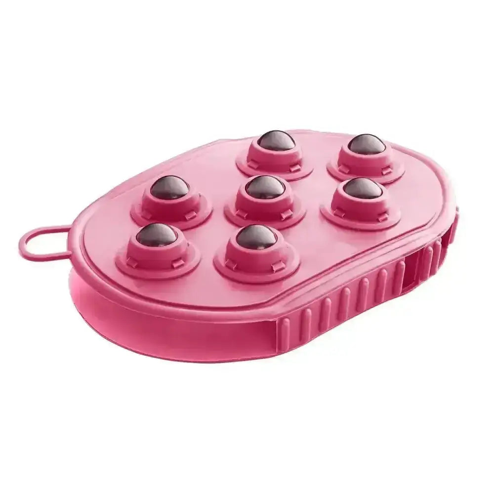 Pink plastic bitz massage grooming mitt with seven dark magnetic roller balls for effective back massage