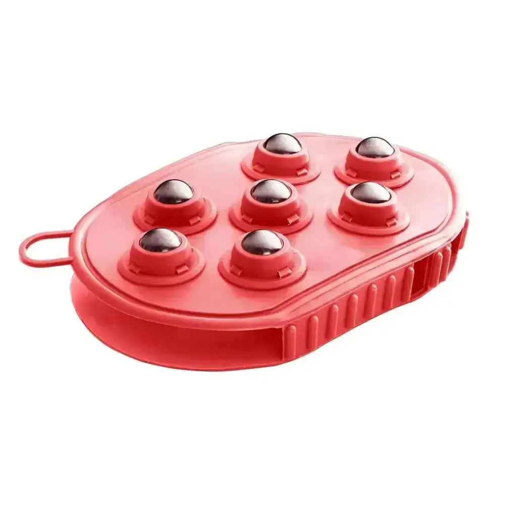 Red plastic bitz massage grooming mitt with seven metallic magnetic roller balls for soothing massage use