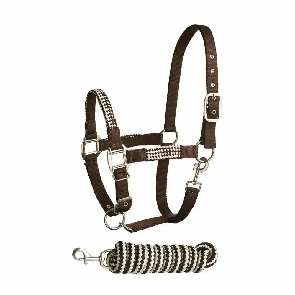 Brown horse halter with black and white houndstooth soft handle two tone headcollar and matching lead rope