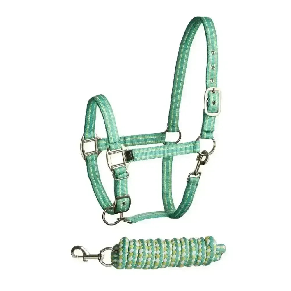 Bitz Stripe Two Tone Headcollar/Lead Rope Pony Aqua/Lime Headcollar Sets